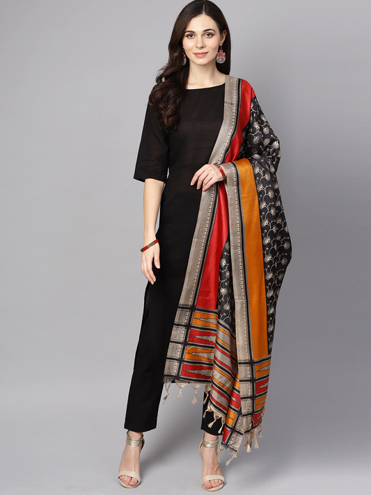 Women Black & Mustard Yellow Kurta Set With Dupatta