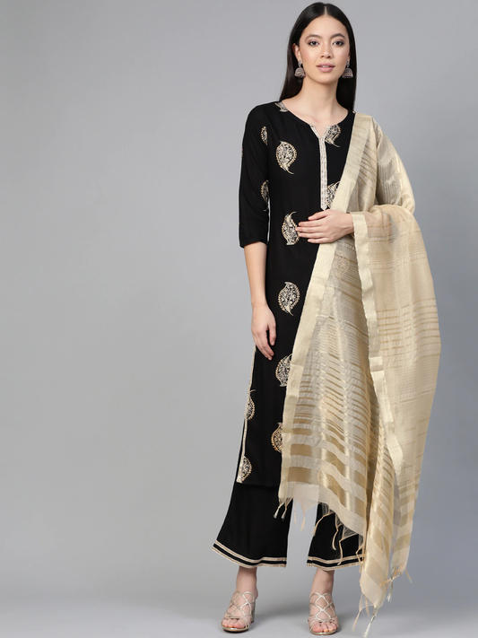 Women Foil Print Kurta with Palazzos & Dupatta