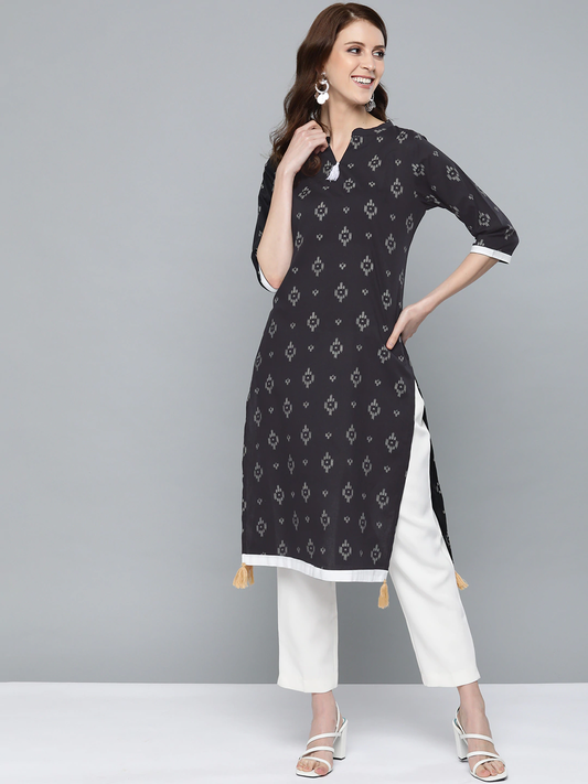 Women Black Printed Straight Kurta