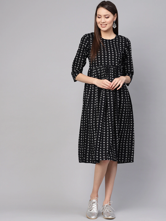 Women Black Printed A-Line Dress