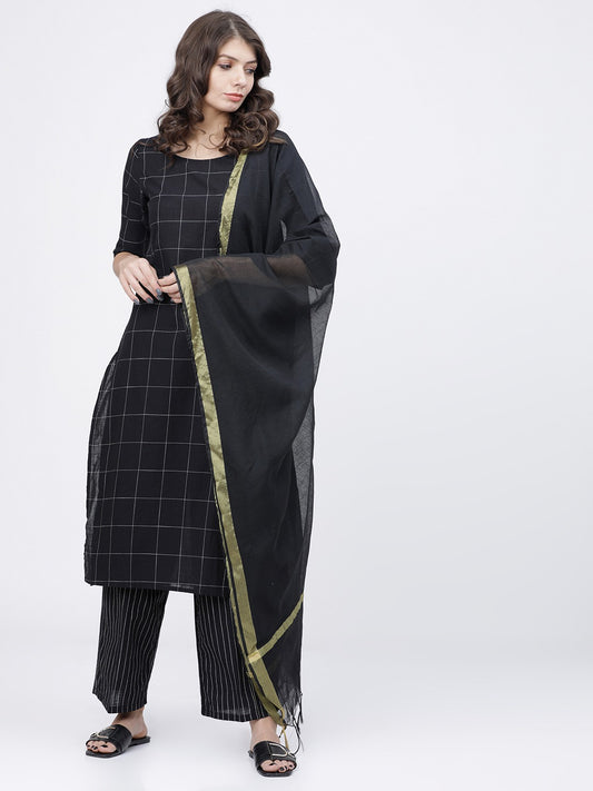 Women Black & Off White Printed Kurta with Palazzos & Dupatta