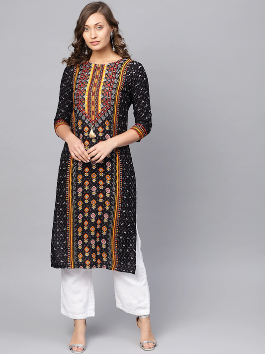Women Black & Orange Straight Kurta