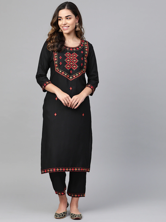 Women Black & Red Kurta with Trousers