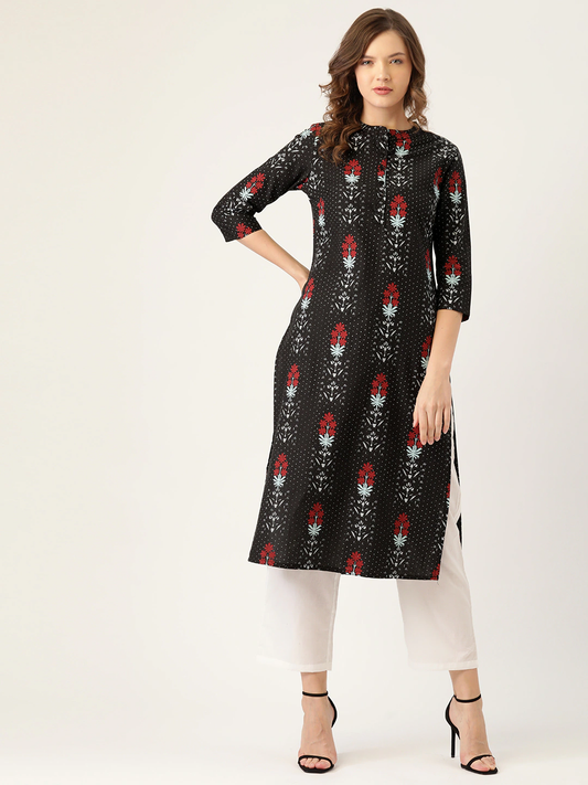 Women Black & Red Floral Kurta Set