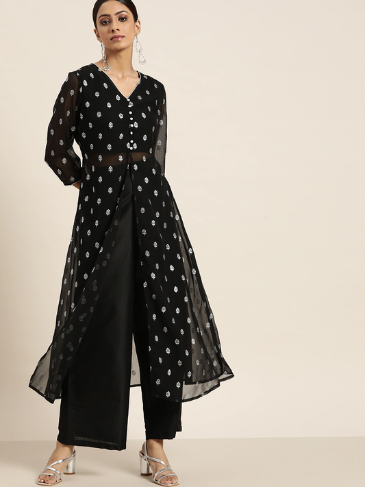 Women Black & Silver Ethnic Kurta Set