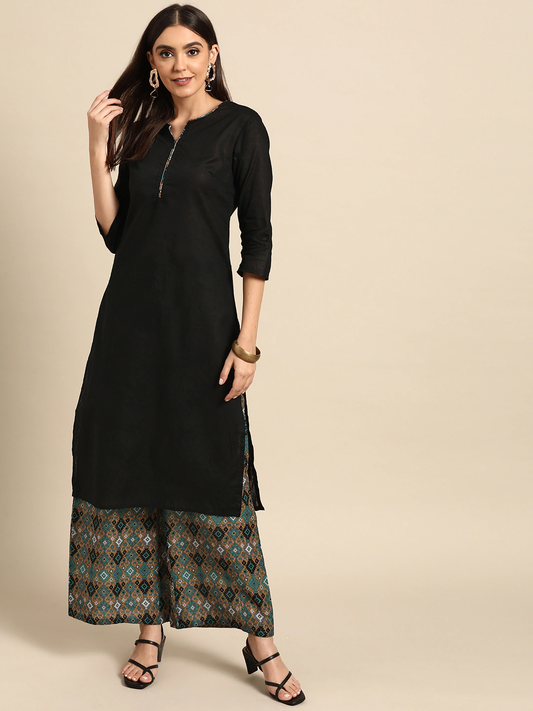 Women Black & Teal Green Pure Cotton Kurta Set