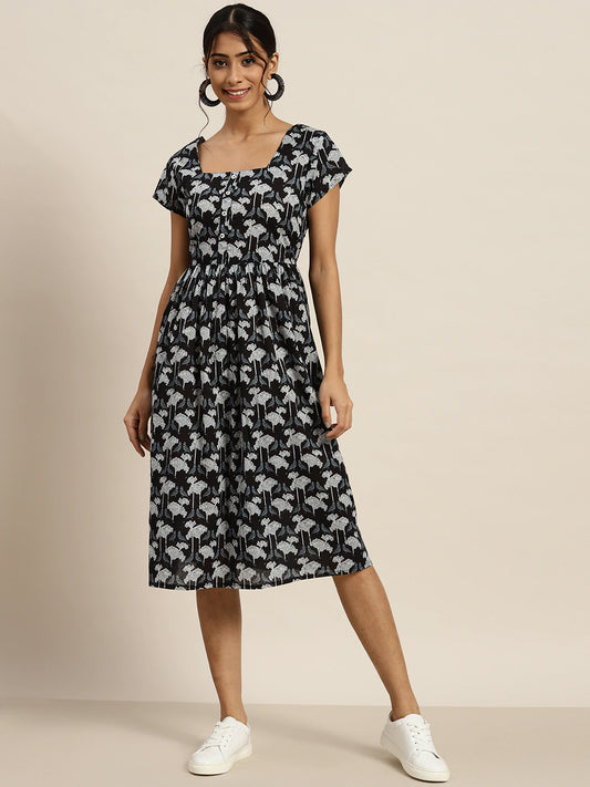 Women Black & White Cotton Floral Print A-Line Dress