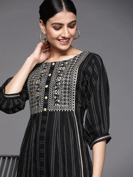 Women Black & White Embroidered A-Line Dress