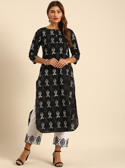 Women Black Printed Kurta