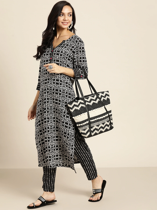 Women Black & White Ethnic Kurta Set