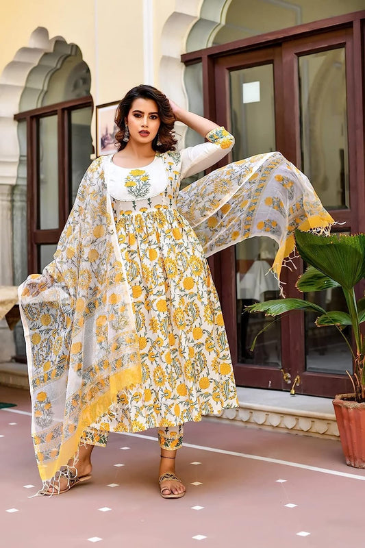 Women Block Printed Anarkali Kurta and Pant Set with Dupatta