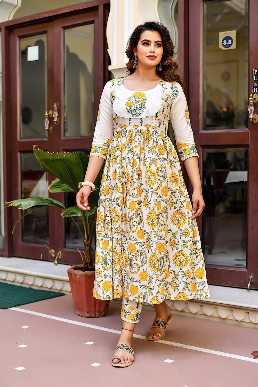 Women Block Printed Anarkali Kurta and Pant Set with Dupatta