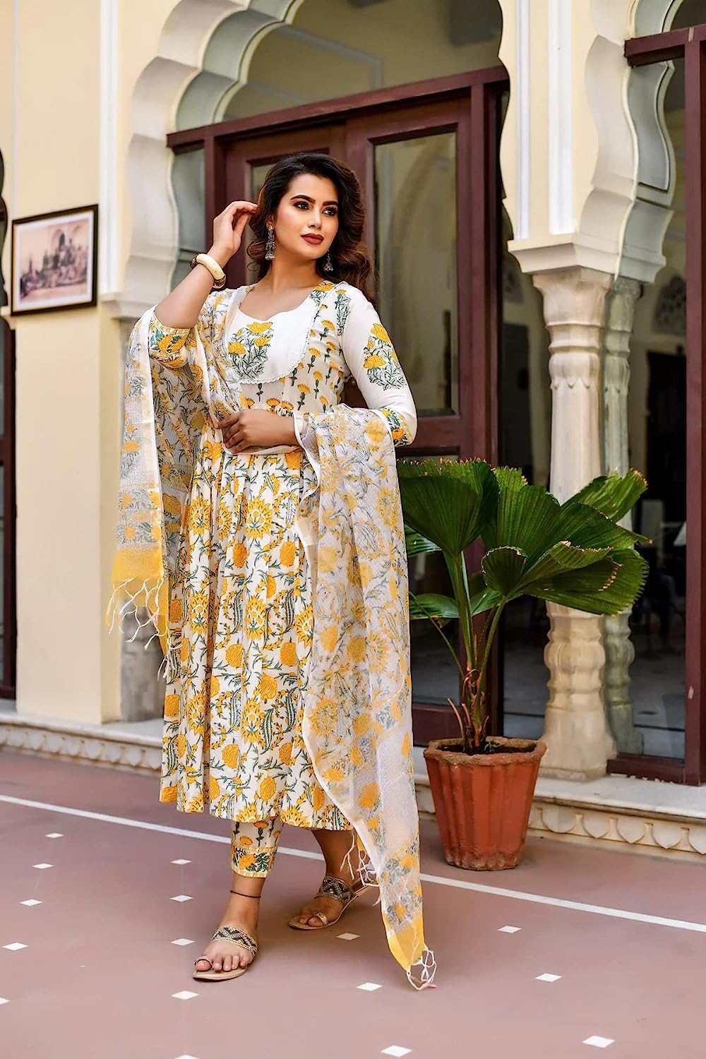 Women Block Printed Anarkali Kurta and Pant Set with Dupatta