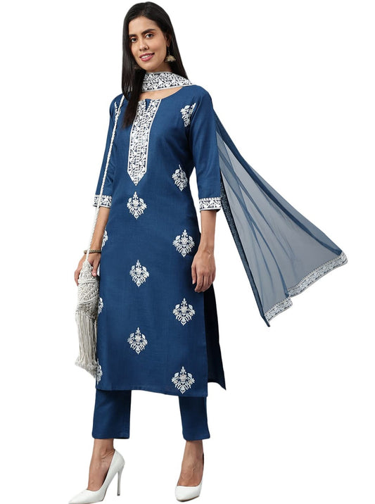 Women Blue Cotton Embroidered Kurta set
