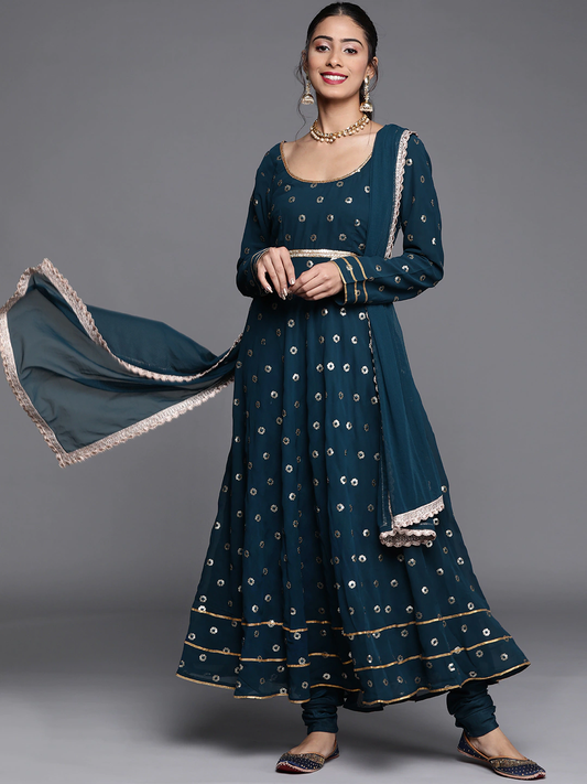 Women Blue Embroidered Panelled Kurta Set