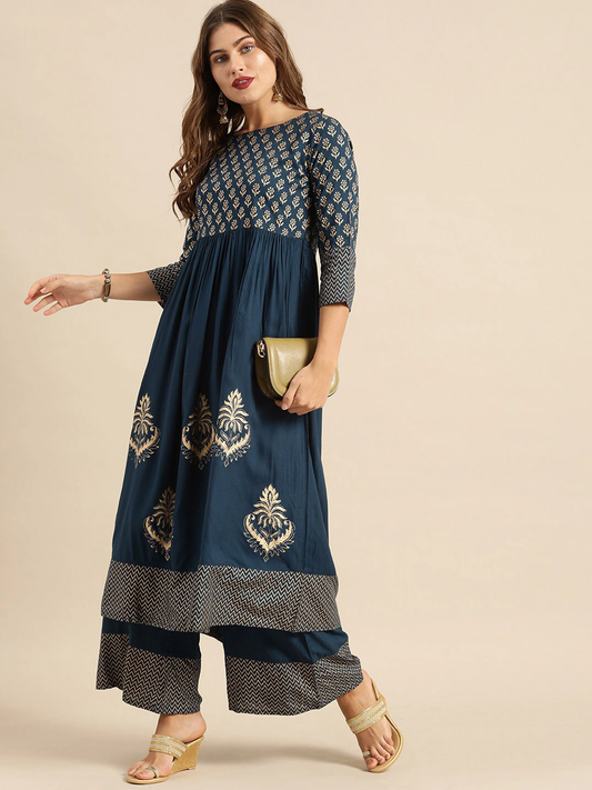 Women Blue Ethnic Motifs Printed Kurta Set