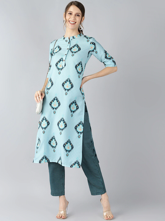 Women Blue Motifs Printed Kurta Set