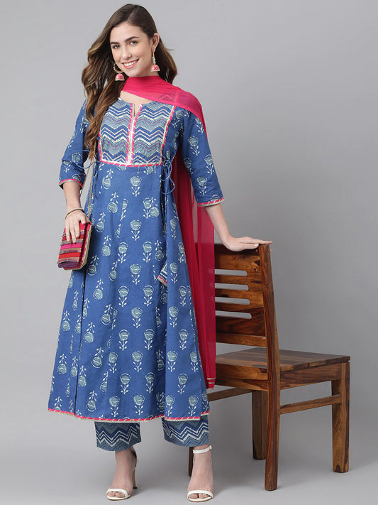 Women Blue Ethnic Motifs Yoke Design Pure Cotton Kurta Set