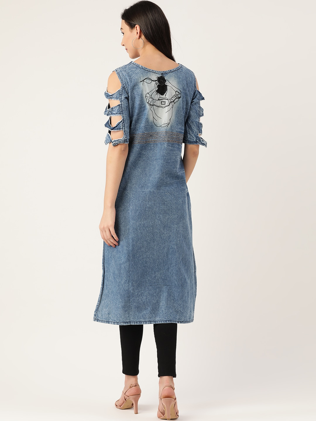 Women Blue Embroidered Denim Kurta