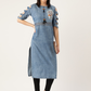 Women Blue Embroidered Denim Kurta