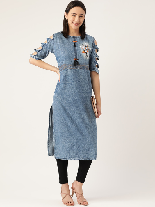 Women Blue Embroidered Denim Kurta