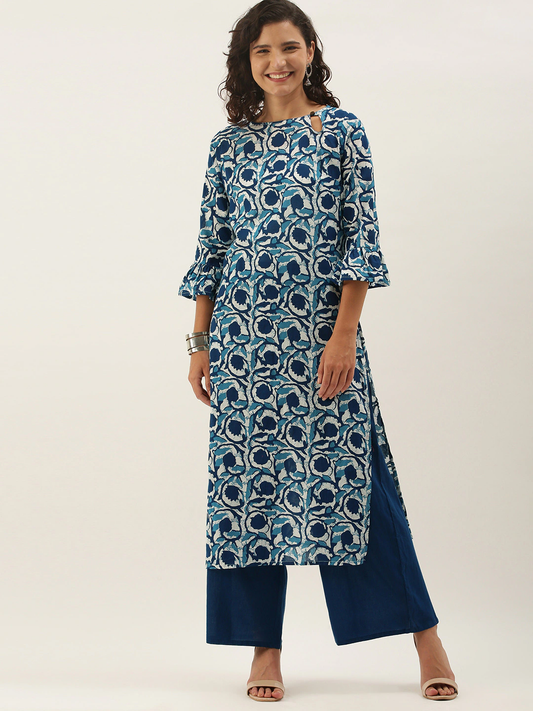 Women Blue Floral Printed Cotton Kurta Set