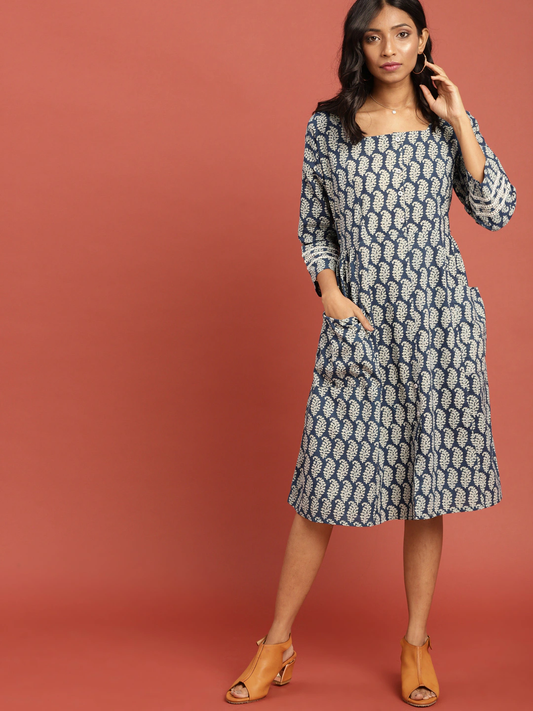 Women Blue A-Line Dress with Pockets