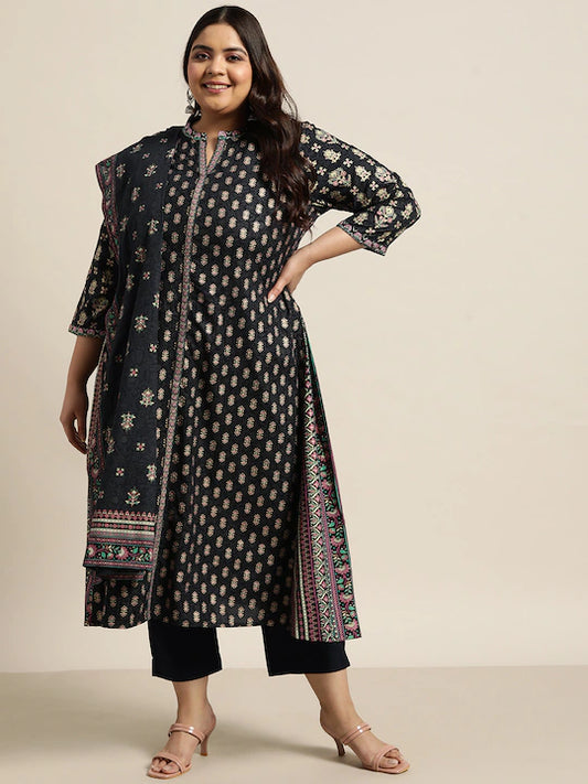 Women Blue Floral Printed Pleated Kurta with Trousers & Dupatta