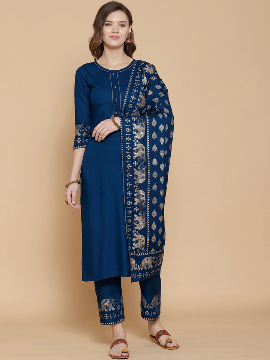 Women Blue Kurta with Trousers & With Dupatta