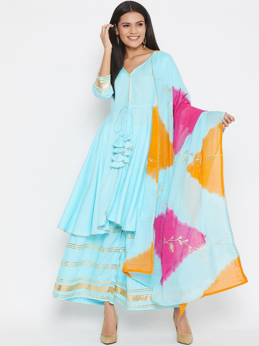Women Blue Kurta with Sharara & Dupatta