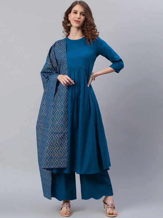 Women Blue Cotton Kurta Set
