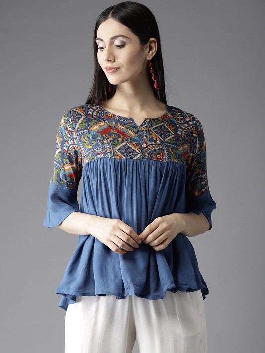 Women Blue Printed A-Line Top