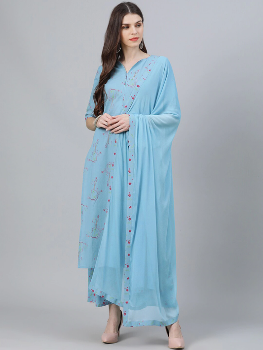 Women Blue Printed Kurta Set