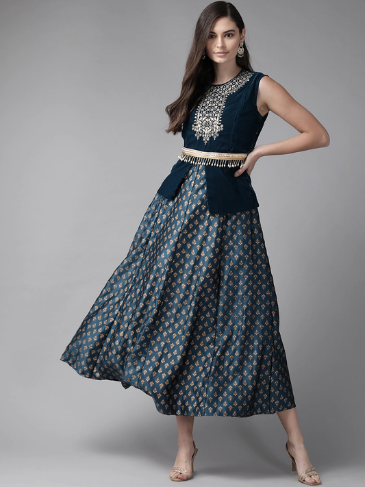 Women Blue Velvet Maxi Dress