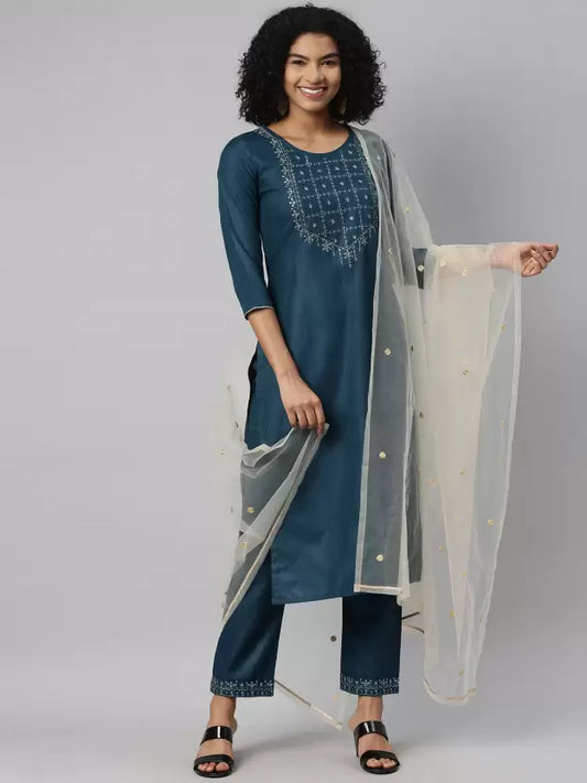 Women Blue Silk Blend Kurta set