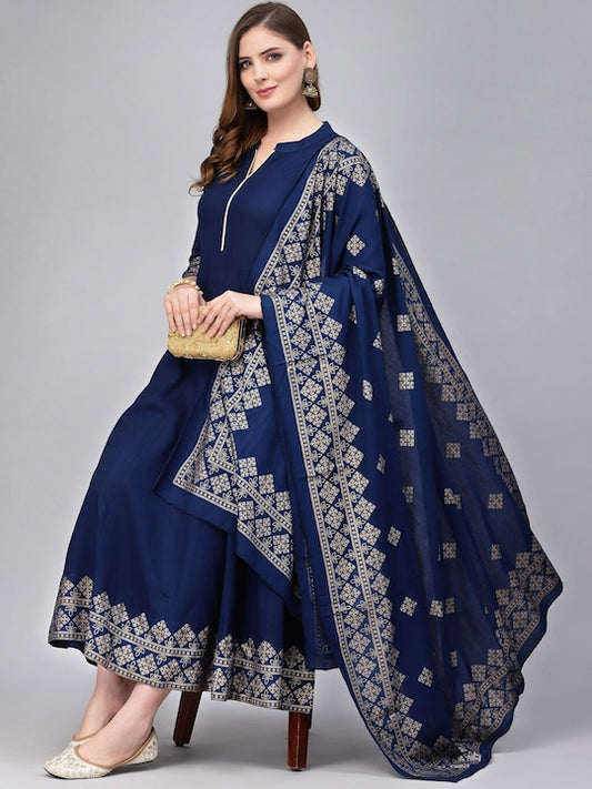 Women Blue Viscose Rayon Kurta set with Dupatta