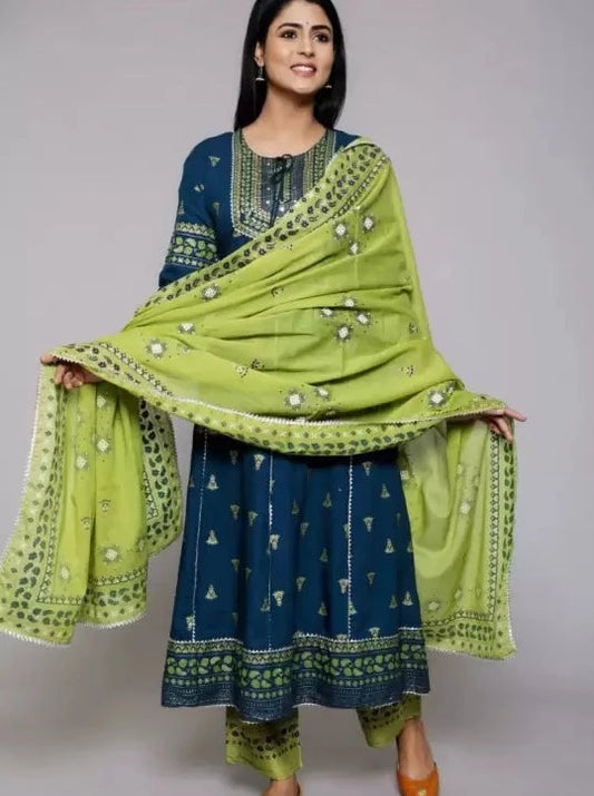 Women Blue Viscose Rayon Kurta set with Dupatta