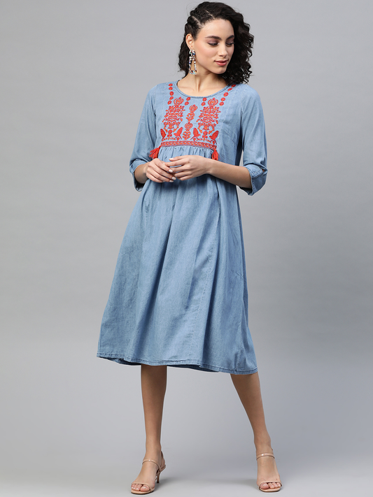 Women Blue Yoke Design Embroidered Dress
