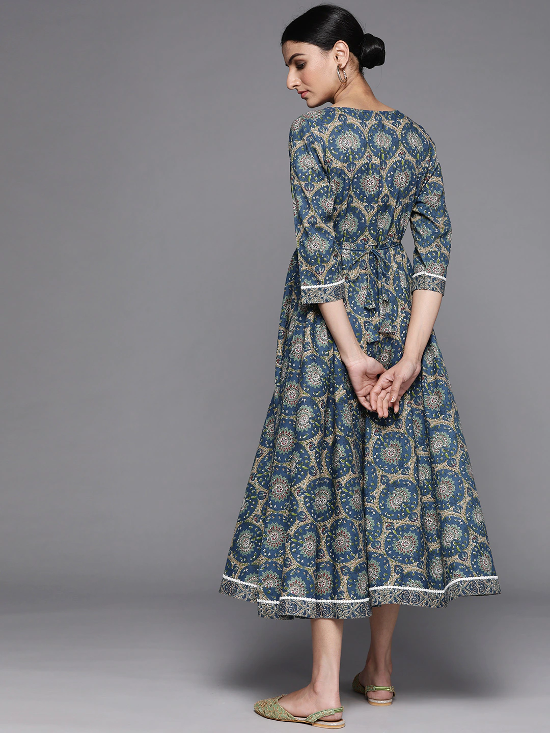Women Blue & Beige Ethnic Motifs Printed A-Line Dress