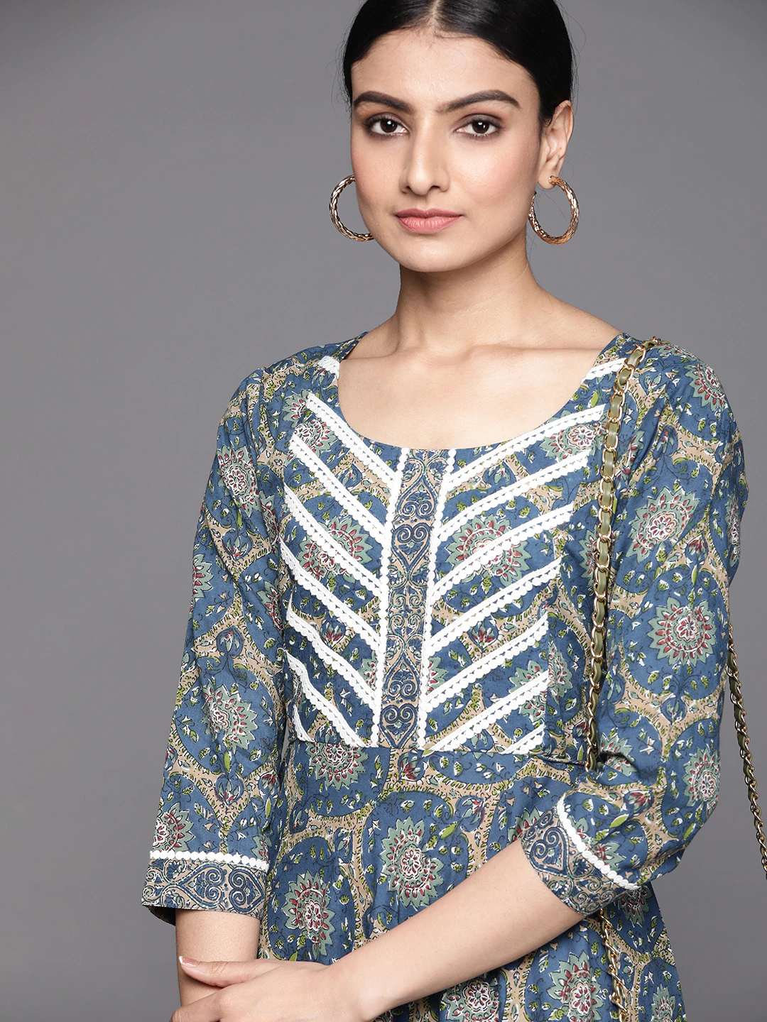Women Blue & Beige Ethnic Motifs Printed A-Line Dress