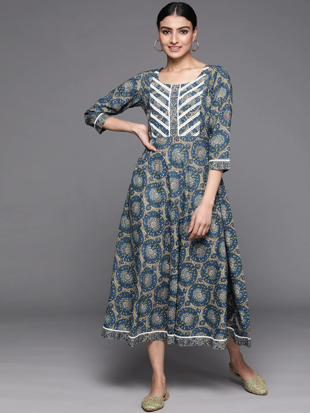 Women Blue & Beige Ethnic Motifs Printed A-Line Dress