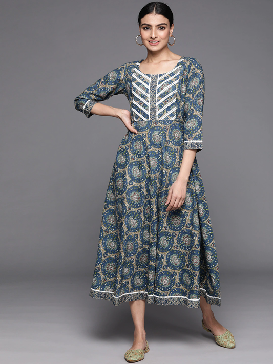 Women Blue & Beige Ethnic Motifs Printed A-Line Dress