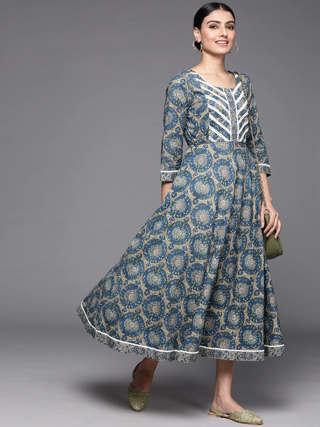 Women Blue & Beige Ethnic Motifs Printed A-Line Dress