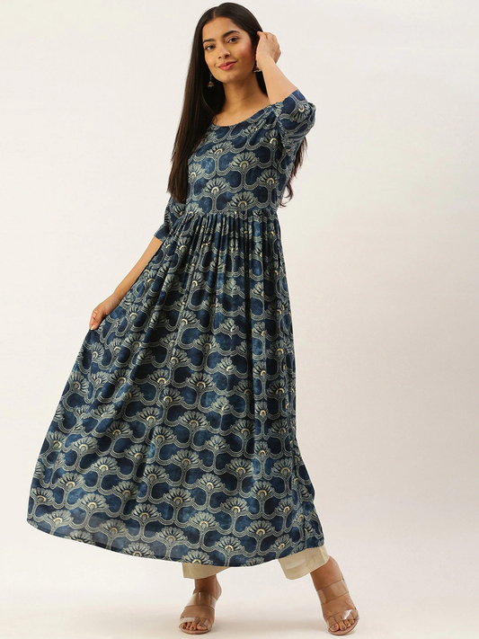 Women Blue & Beige Anarkali Kurta