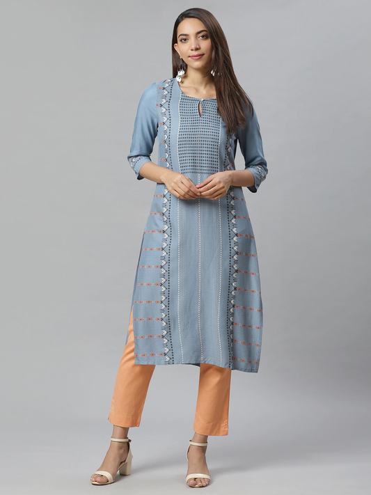 Women Blue & Black Printed Straight Kurta