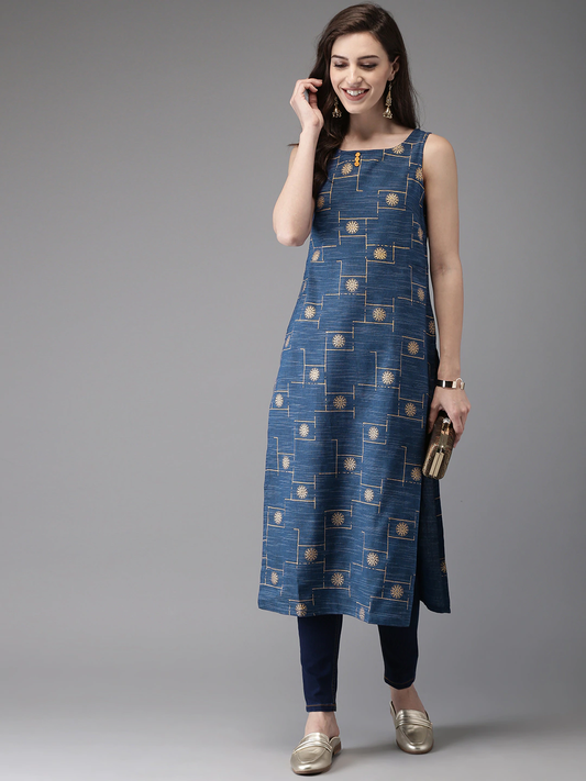 Women Blue & Gold-Toned Printed Straight Kurta