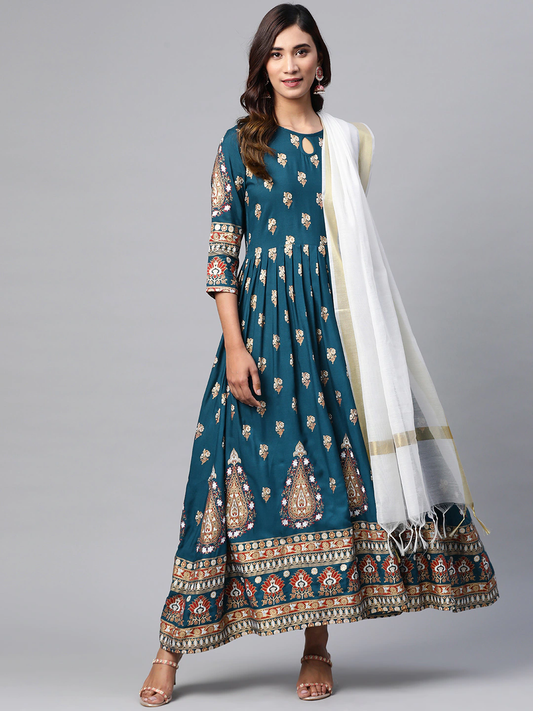Women Blue & Golden Dress with Dupatta