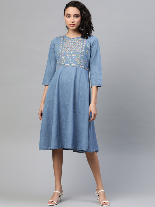 Women Blue & Green Embroidered Dress