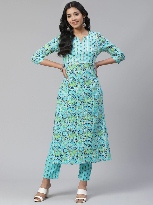 Women Blue & Green Printed Kurta Set