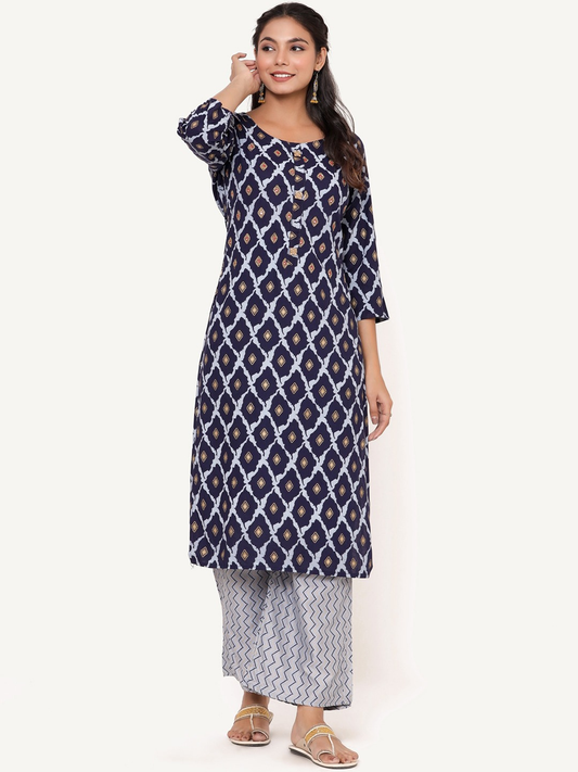 Women Blue & Grey Printed Mirror Work Kurta Set